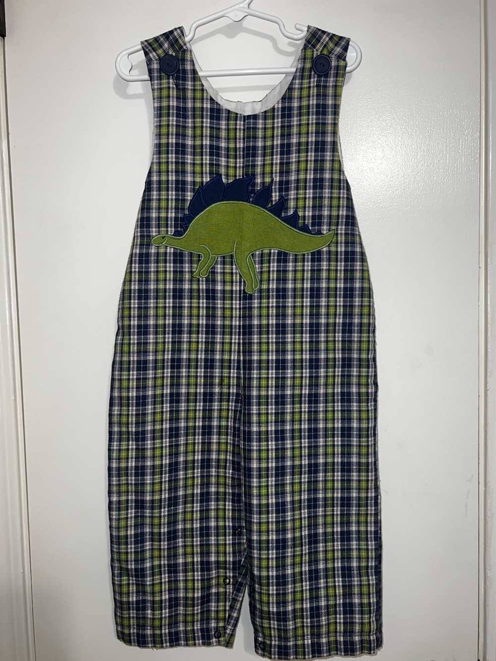 Kelly's Kids Navy and Green Plaid Dinosaur Overalls